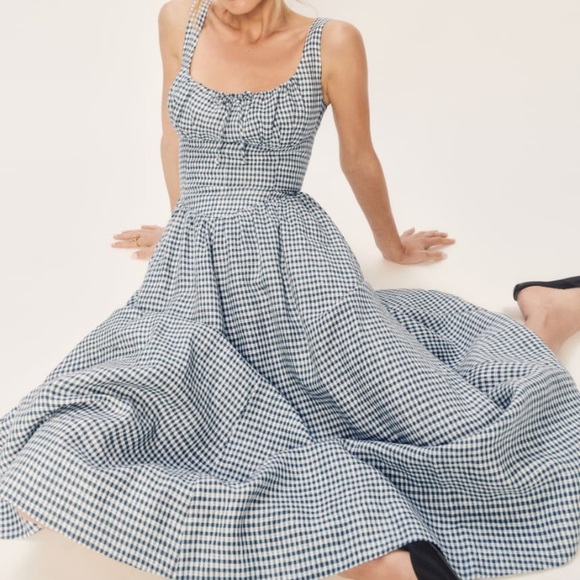 Reformation Balia Linen Dress in Slate Check - Picture 1 of 7